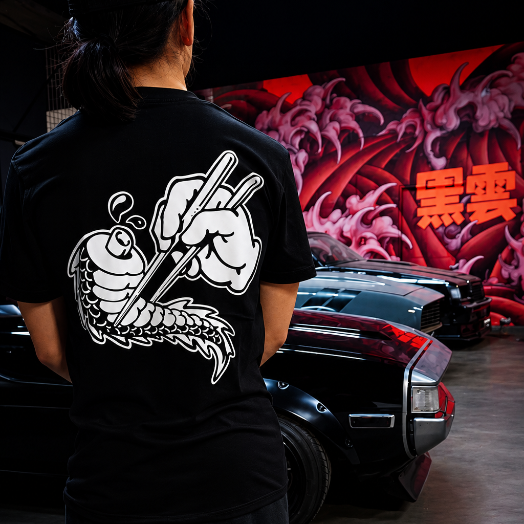 Black cotton unisex short-sleeved T-shirt with conquering the Tail of the Dragon design in white on the back.