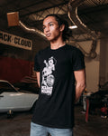Black unisex cotton short-sleeved In the Streets T-shirt with Kuro Kumo (black cloud) design on front in white ink with pin up girl and Watanabe wheel