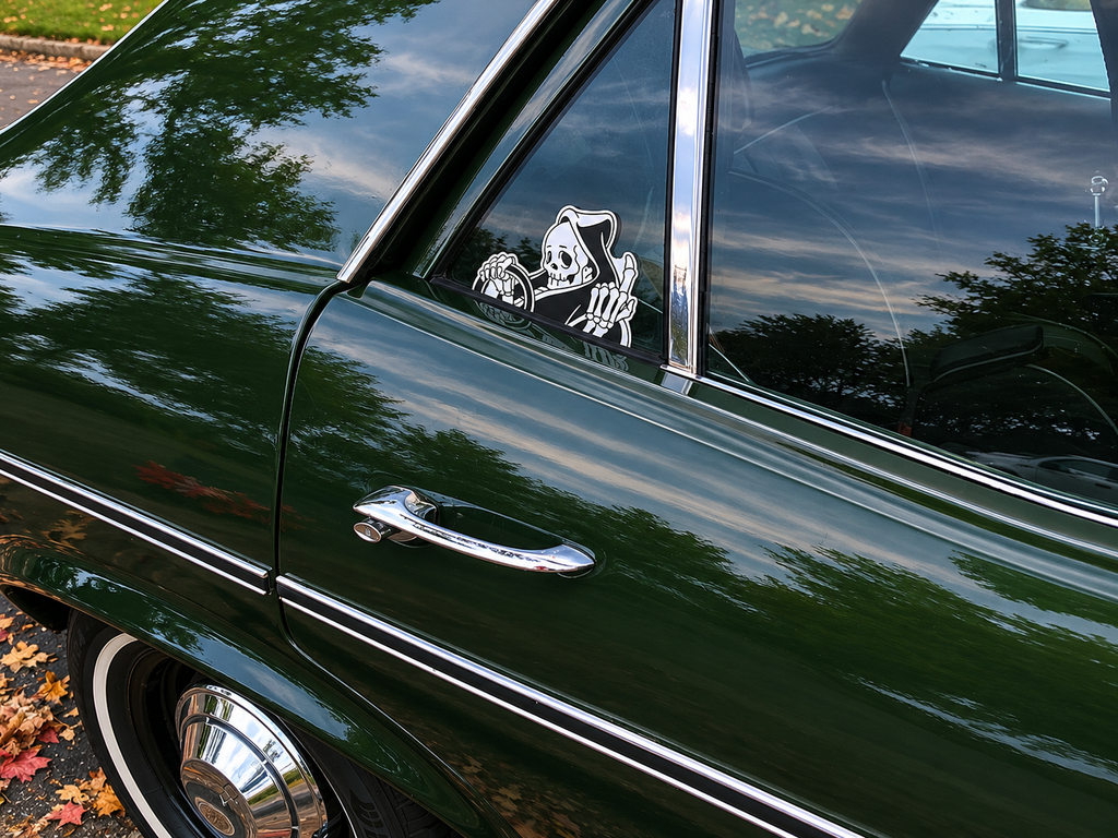 Black and white vinyl No Dead End “peeker” reaper sticker. 