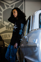 Black unisex cotton long-sleeved T-shirt with frontside scare skateboarding jack design on front in white and gray ink. Black cloud kanji in gray down the sleeves.