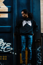 Unisex black hoodie with promise (Yakusoko) design on front in white ink and black cloud Kuro Kumo Japanese kanji characters in gray on back.