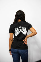 Black unisex cotton short-sleeved T-shirt with yakusoku (promise) design on back.