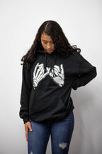 Unisex black hoodie with promise (Yakusoko) design on front in white ink and black cloud Kuro Kumo Japanese kanji characters in gray on back.