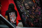 Black unisex cotton T-shirt with pink and white  Kyusha's wager playing card full back print. 