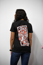 Black unisex cotton T-shirt with pink and white  Kyusha's wager playing card full back print. 