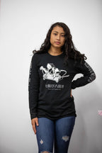 Black unisex cotton long-sleeved T-shirt with frontside scare skateboarding jack design on front in white and gray ink. Black cloud kanji in gray down the sleeves.