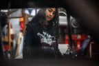 Black unisex cotton long-sleeved T-shirt with frontside scare skateboarding jack design on front in white and gray ink. Black cloud kanji in gray down the sleeves.