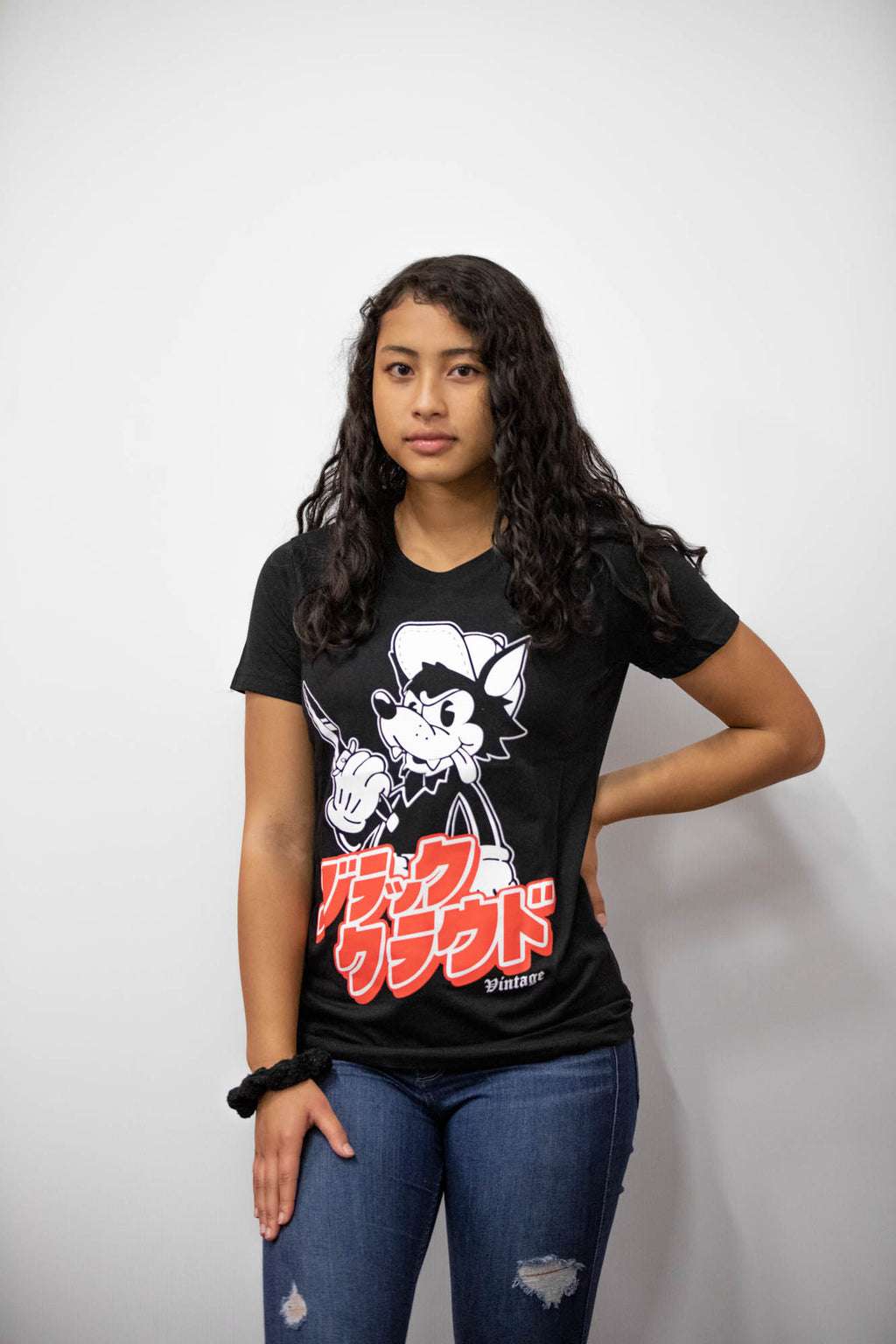 Black unisex short-sleeve T-shirt with Sekai Seifuku / World is Mine / Big Bad Wolf design on front 
