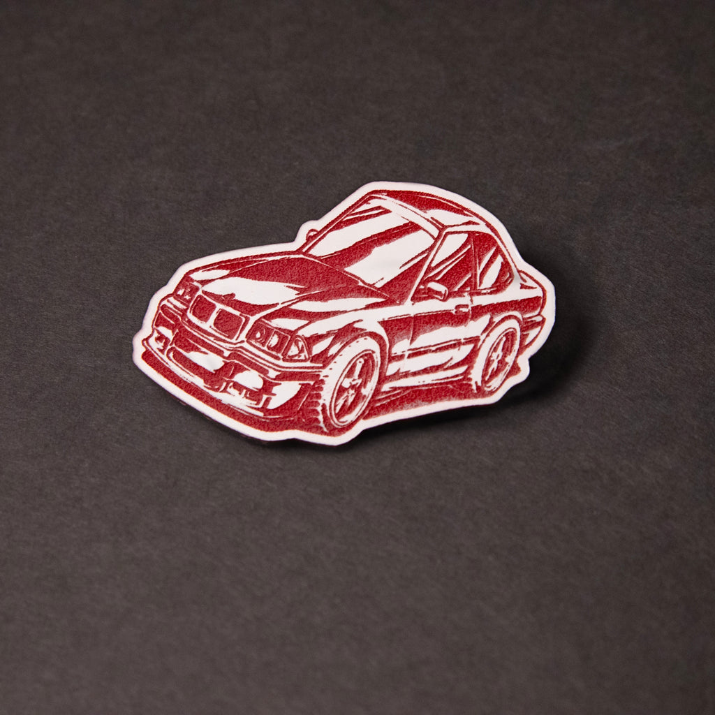 red and white engraved chibi BMW E36 acrylic lapel pin