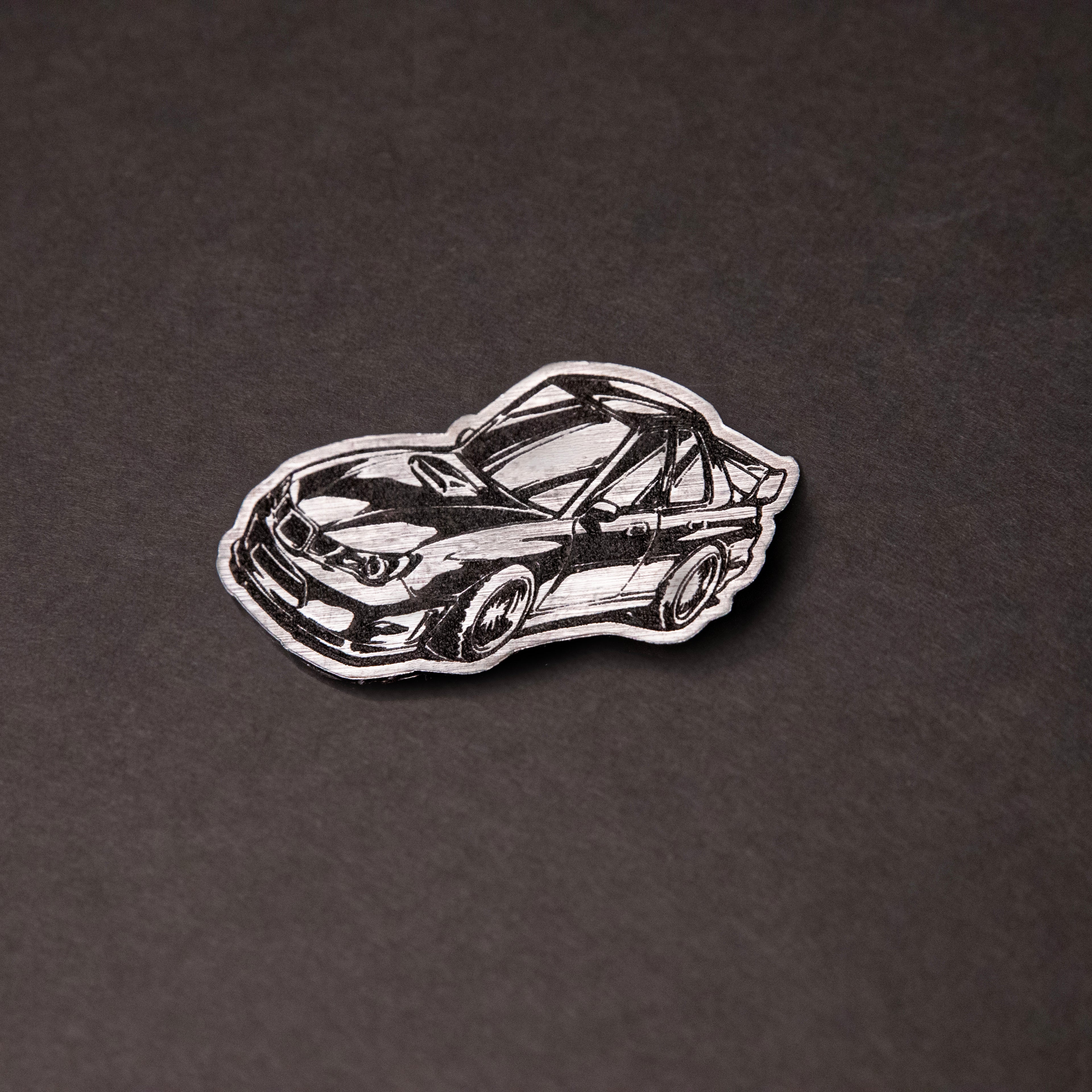 silver and black chibi Subaru WRX acrylic lapel car pin