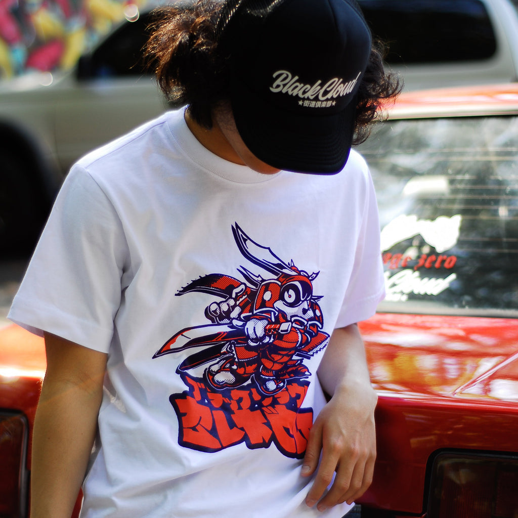 white unisex cotton Kai Oni Dash T-shirt with Black Cloud Japanese Kaido Club hat