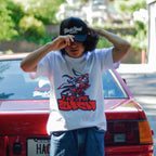 white unisex cotton Kai Oni Dash T-shirt with Black Cloud Japanese Kaido Club hat