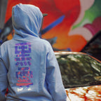 Unisex baby blue hoodie with promise (Yakusoko) design on front in holographic vinyl and black cloud Kuro Kumo Japanese Kanji characters on back.