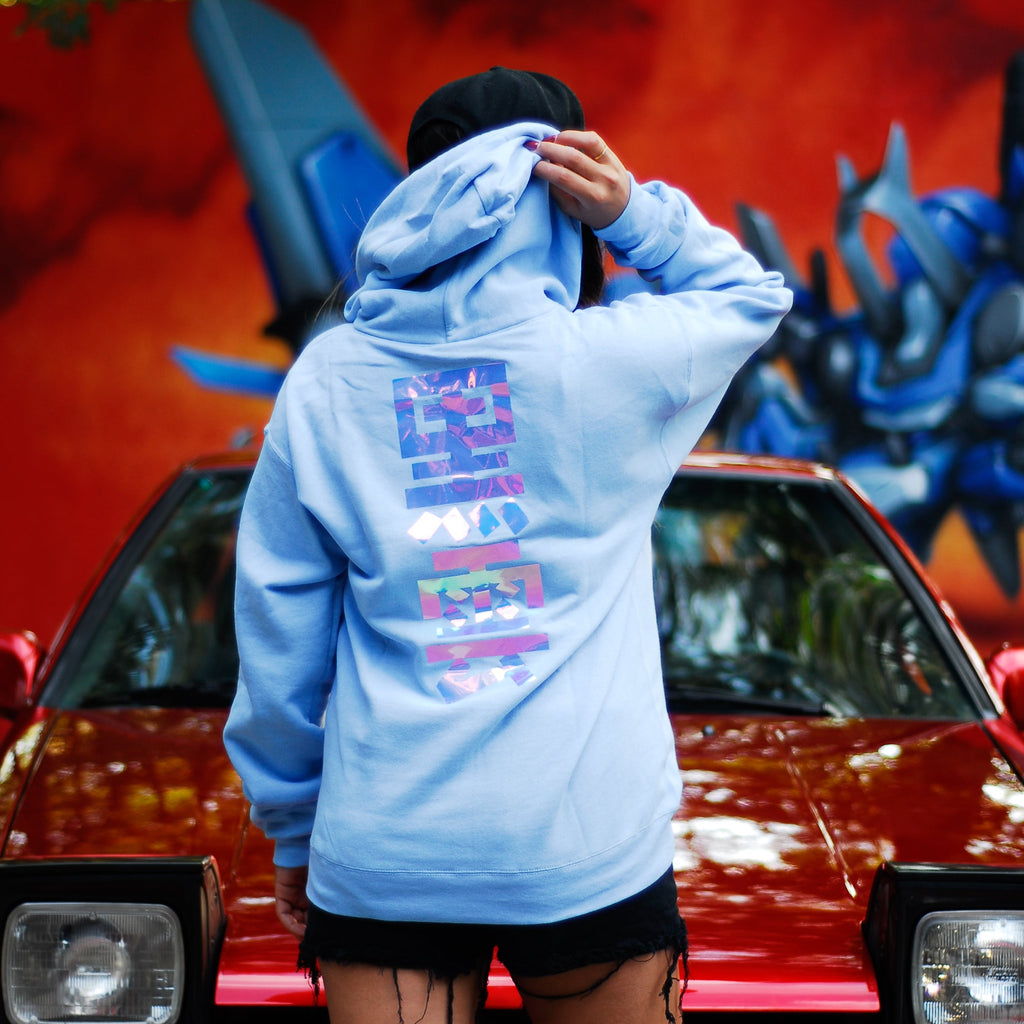 Unisex baby blue hoodie with promise (Yakusoko) design on front in holographic vinyl and black cloud Kuro Kumo Japanese Kanji characters on back.