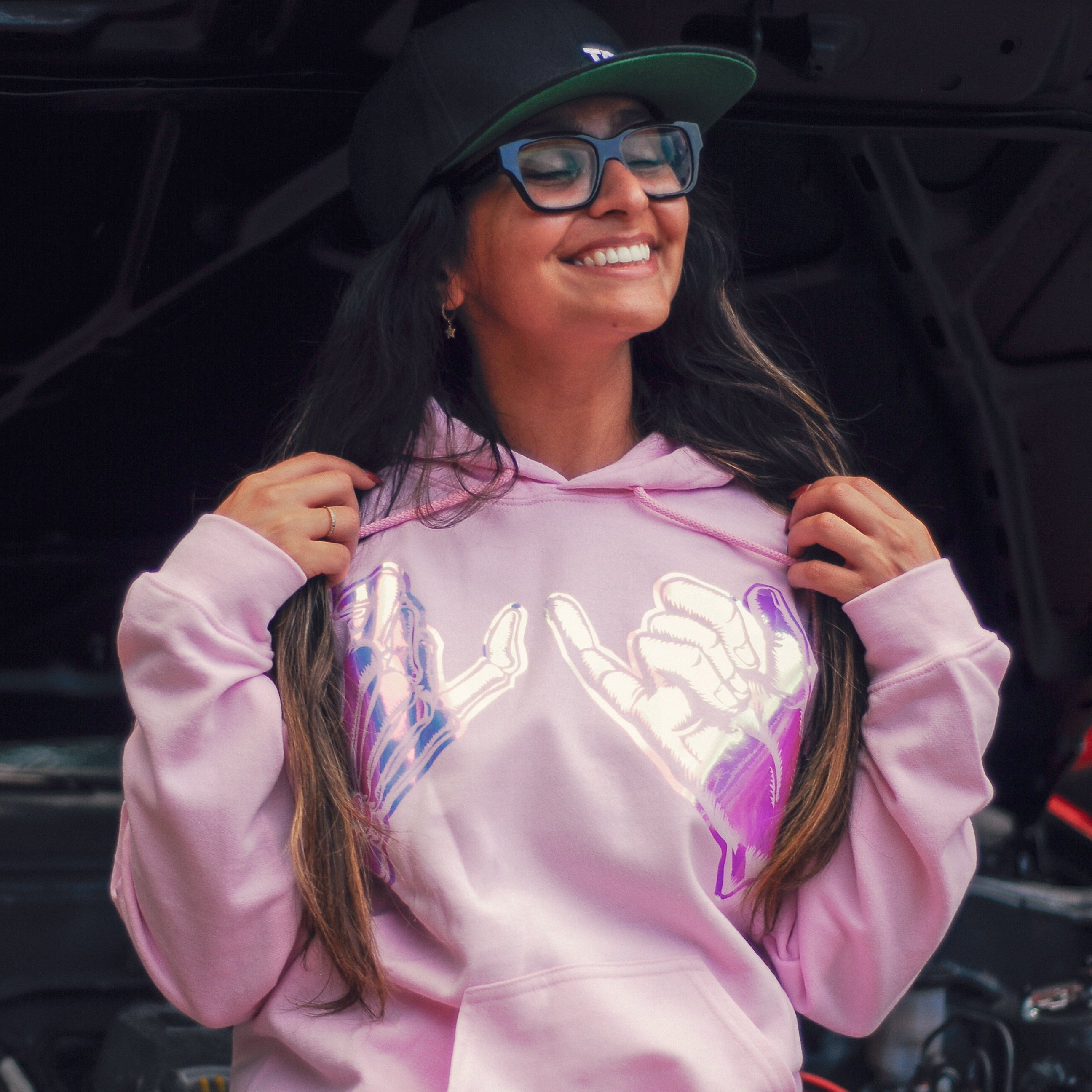 Unisex pink hoodie with promise (Yakusoko) design on front in holographic vinyl and black cloud Kuro Kumo Japanese Kanji characters on back.