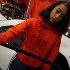 Unisex Pretty PSI red hoodie with turbo rose design on front in red velvet flock and black cloud Japanese kanji characters in red velvet flock on back.