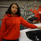 Unisex Pretty PSI red hoodie with turbo rose design on front in red velvet flock and black cloud Japanese kanji characters in red velvet flock on back.