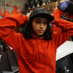 Unisex Pretty PSI red hoodie with turbo rose design on front in red velvet flock and black cloud Japanese kanji characters in red velvet flock on back.