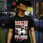 Black unisex soft cotton T-shirt with pink and white heavy modified impact girl design on the front