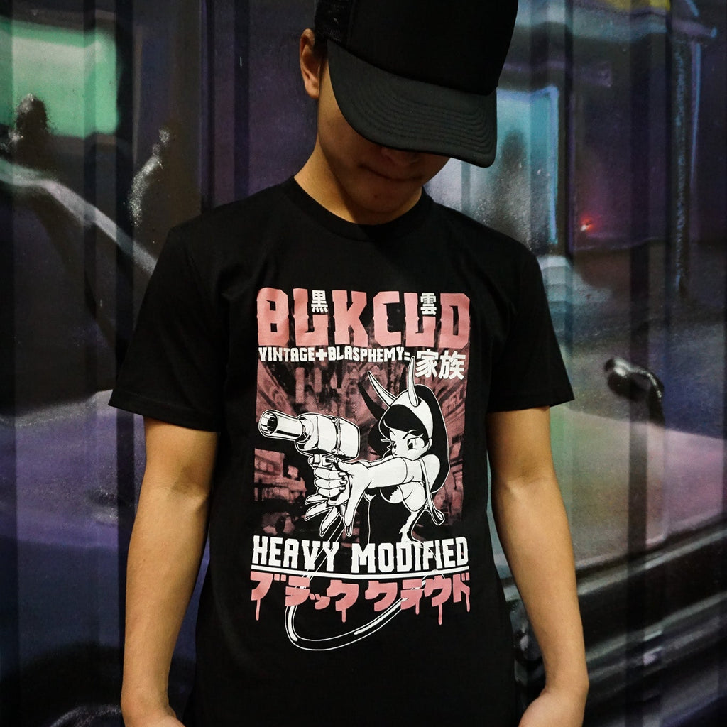 Black unisex soft cotton T-shirt with pink and white heavy modified impact girl design on the front