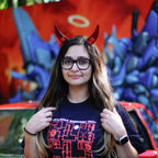 navy unisex let's build something cool Gundam toy T-shirt and Black Cloud devil horns headband