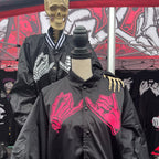 His and hers black unisex nylon lined baseball jacket with promise (Yakusoku) design on front in white or hot pink