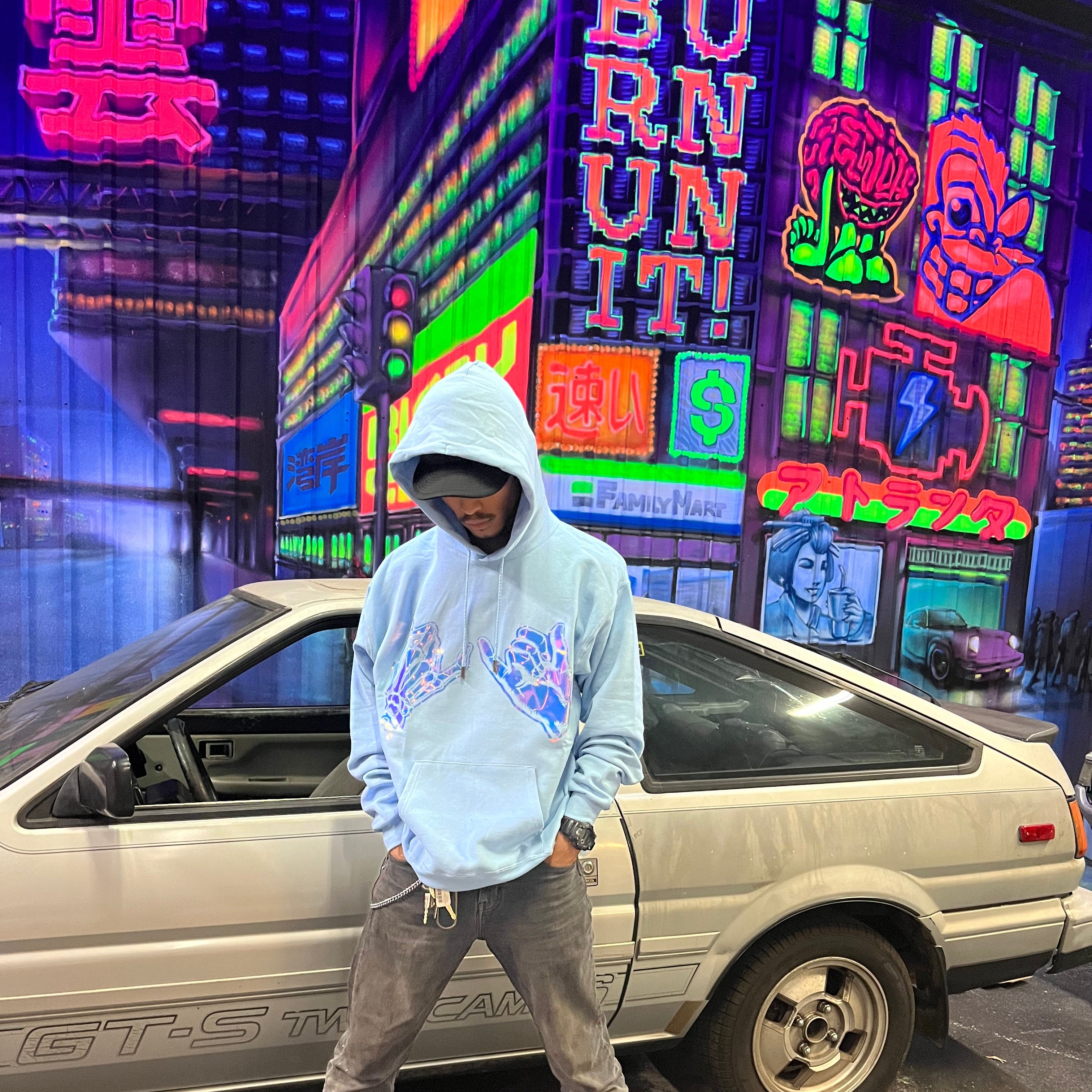 Unisex baby blue hoodie with promise (Yakusoko) design on front in holographic vinyl and black cloud Kuro Kumo Japanese Kanji characters on back.