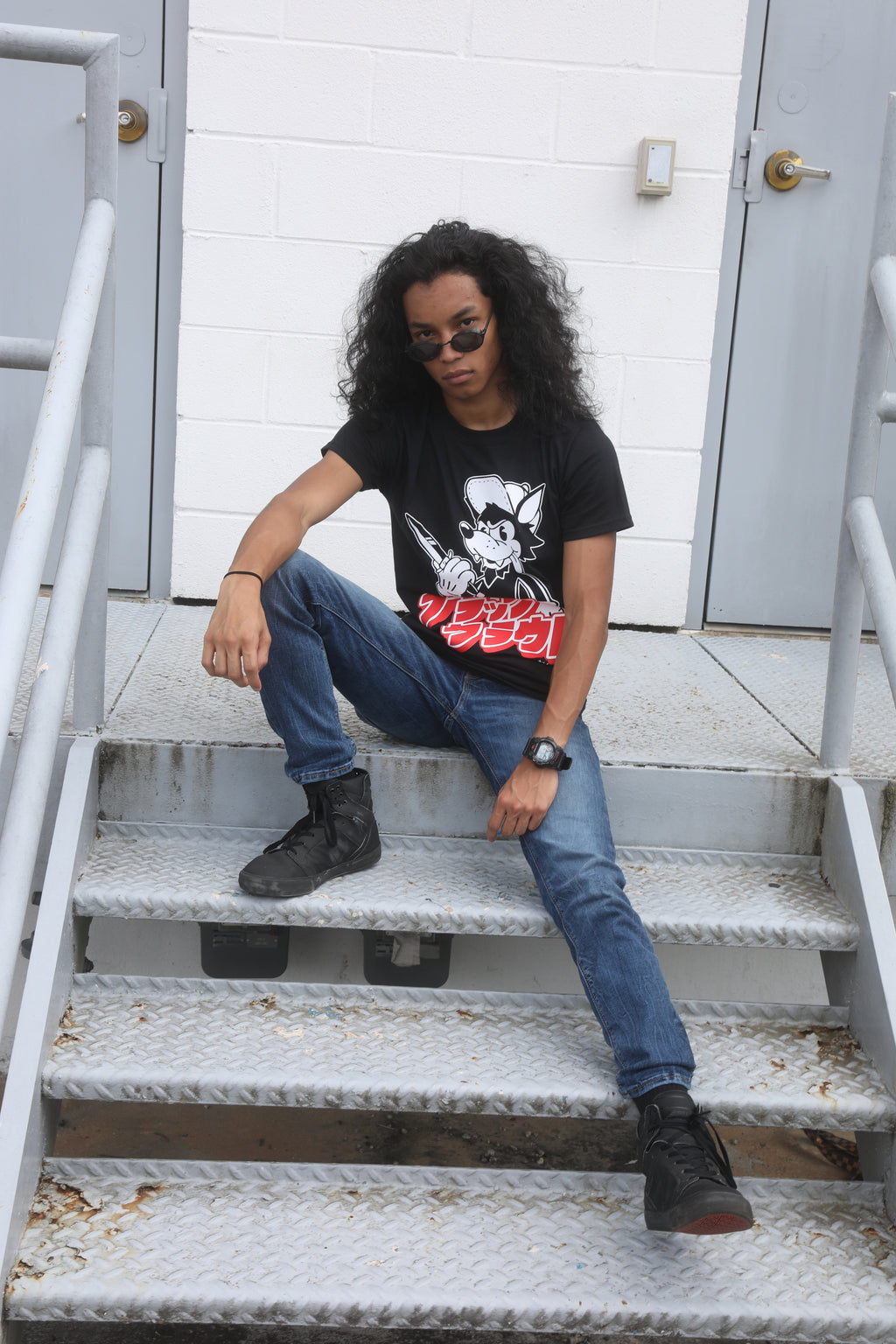 Black unisex short-sleeve unisex T-shirt with Sekai Seifuku / World is Mine / Big Bad Wolf design on front 