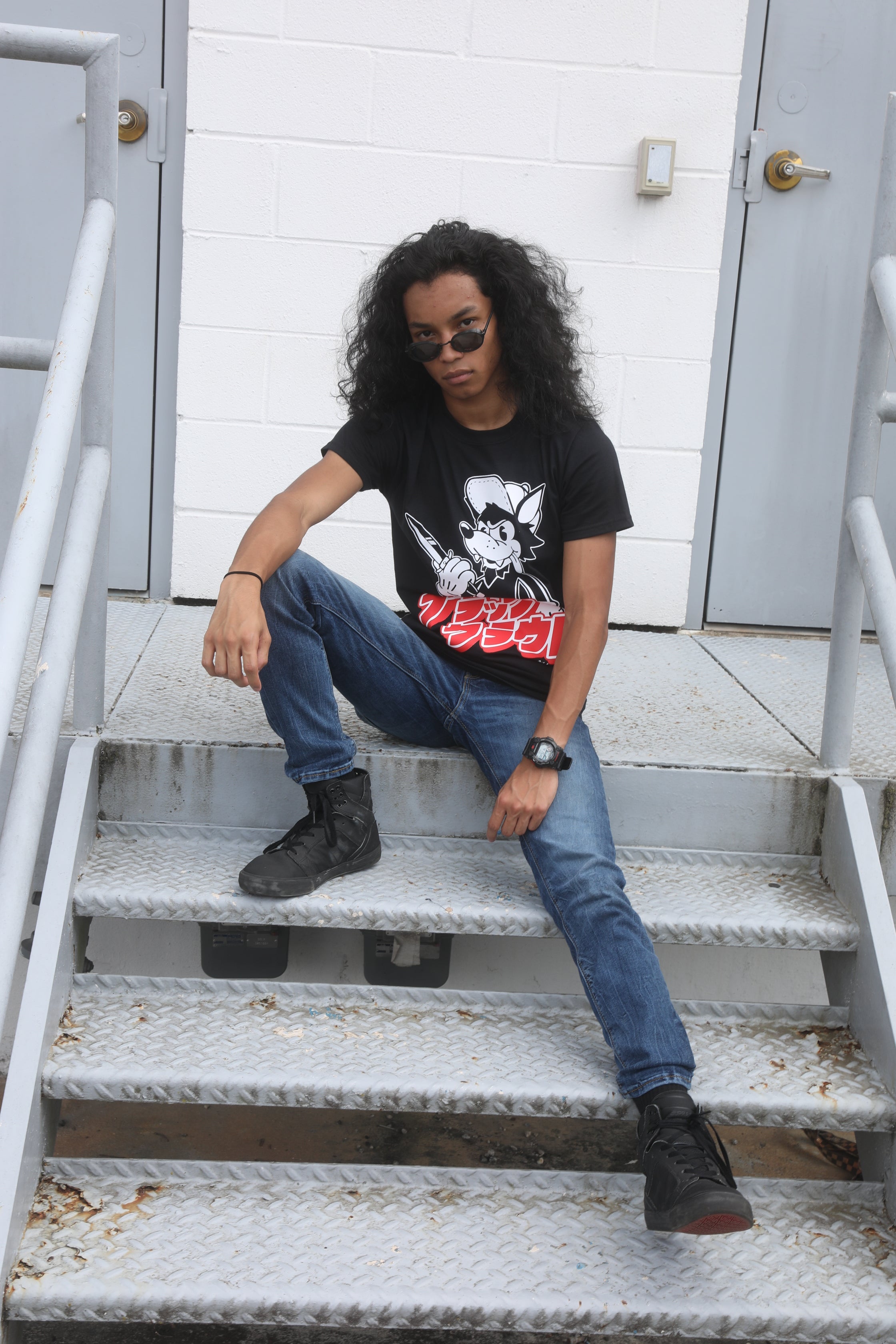 Black unisex short-sleeve unisex T-shirt with Sekai Seifuku / World is Mine / Big Bad Wolf design on front 