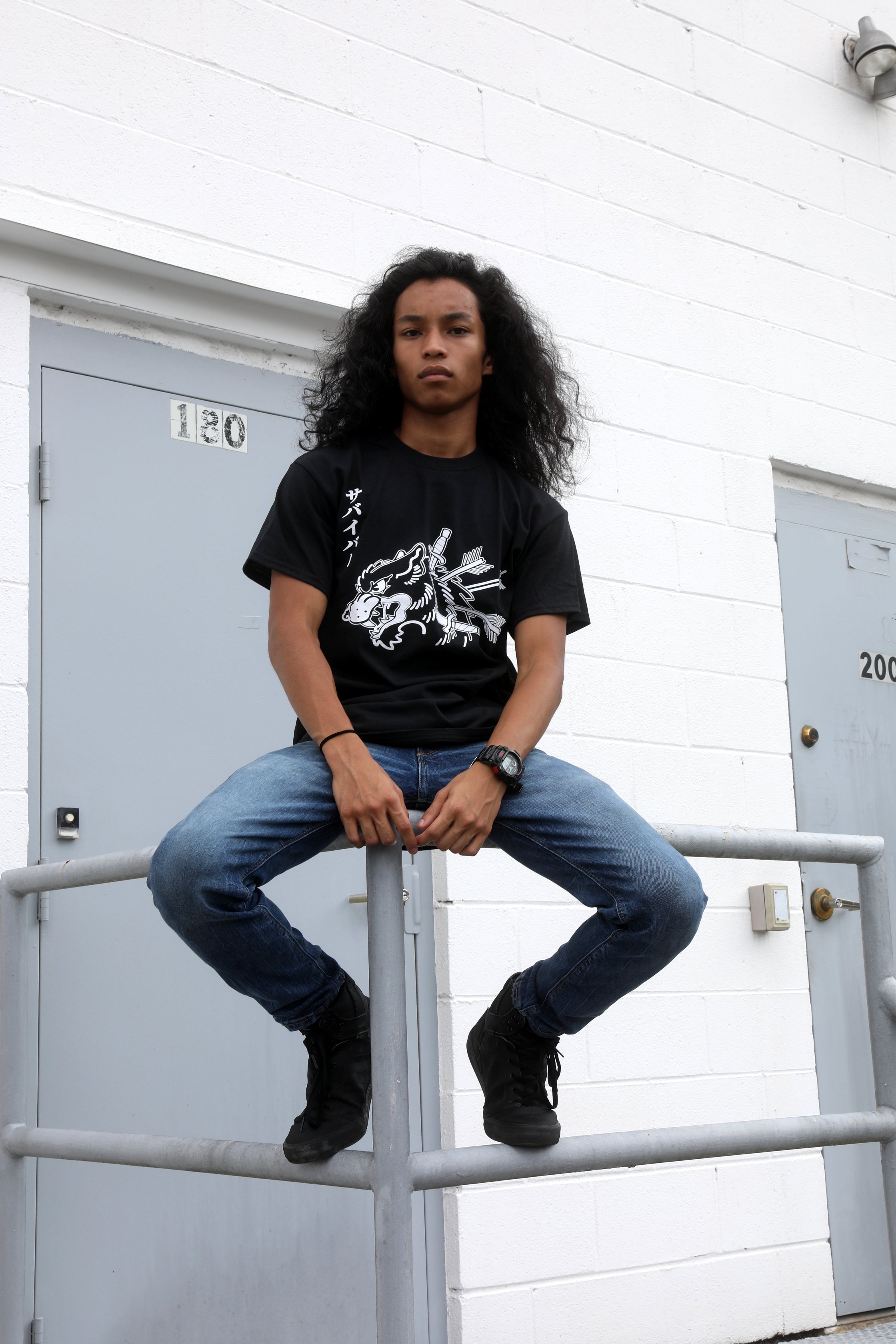 Black unisex cotton short-sleeved T-shirt with survivor design on front in white ink.