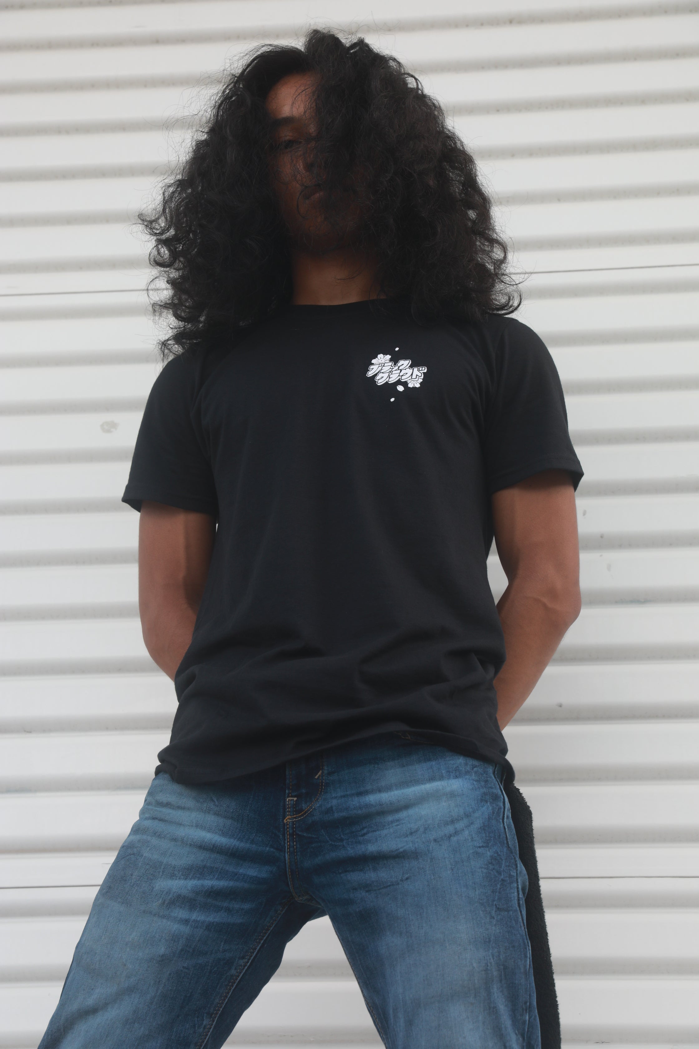 Black short-sleeve unisex T-shirt with Miss Chief design on back and Black Cloud Japanese Katakana design on front