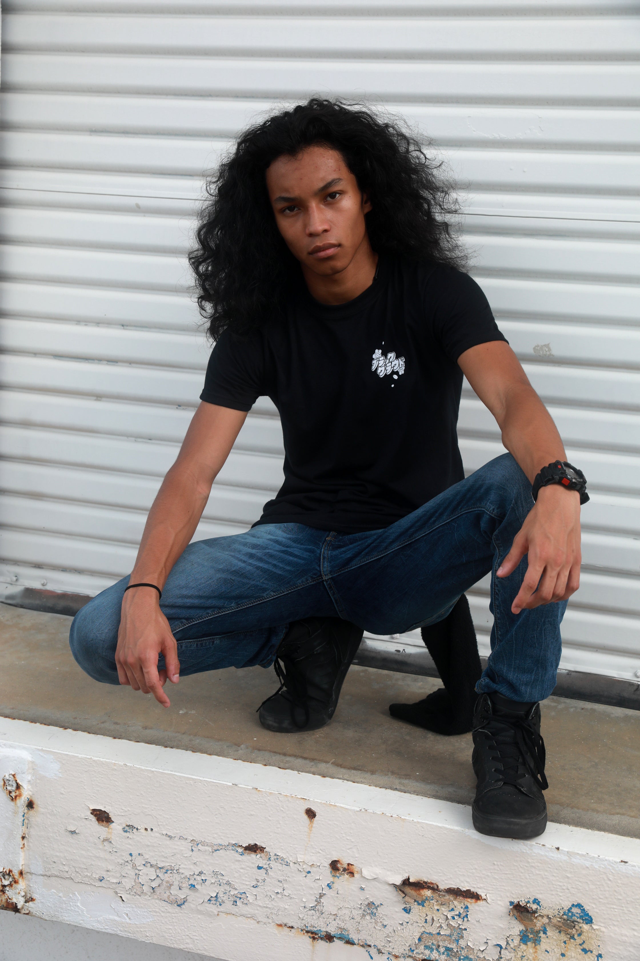 Black short-sleeve unisex T-shirt with Miss Chief design on back and Black Cloud Japanese Katakana design on front
