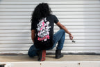 Black short-sleeve unisex T-shirt with Miss Chief design on back