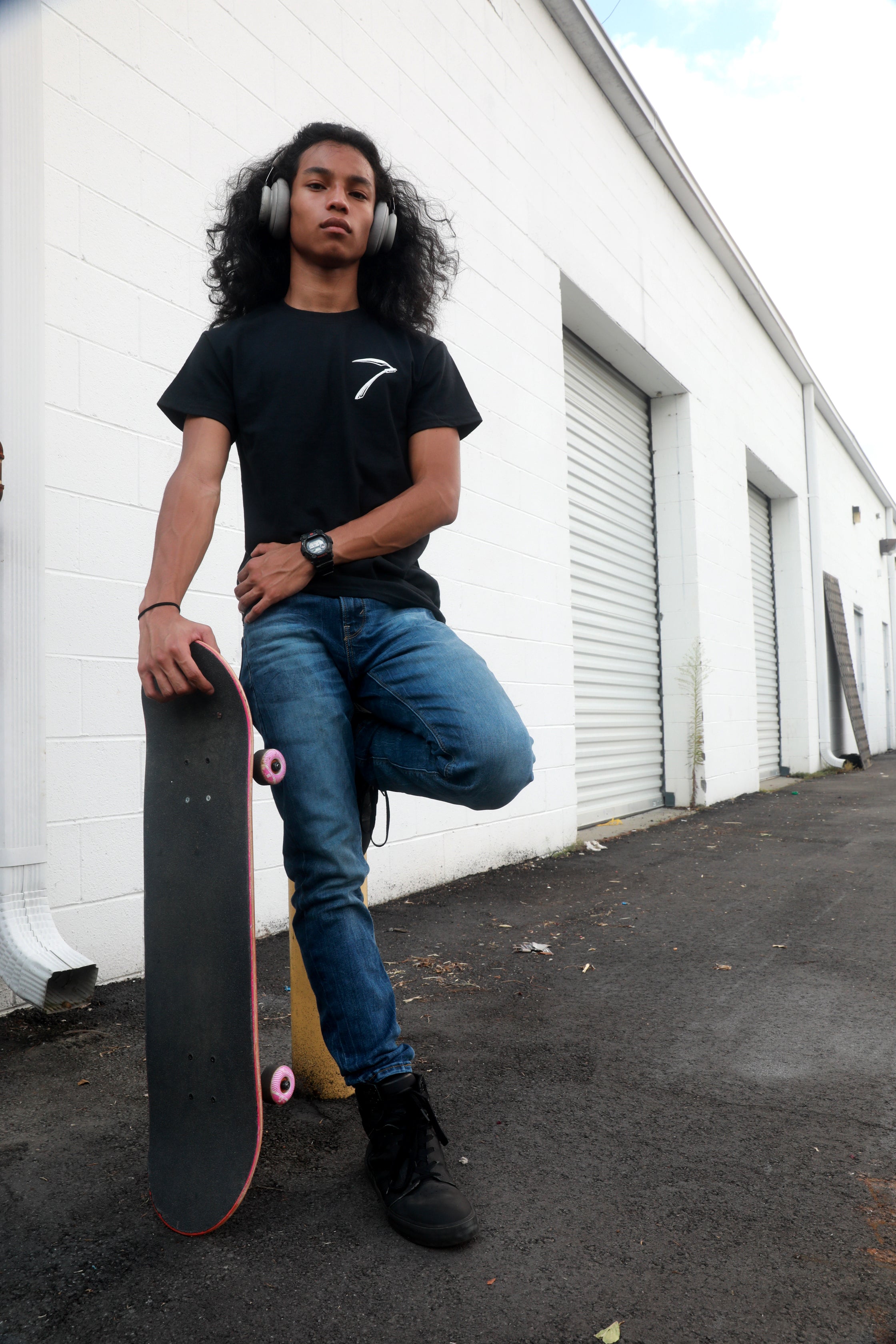 Black cotton short-sleeved T-shirt with Grim Reaper Do or Die design on back and small scythe chest emblem on front in white ink. 