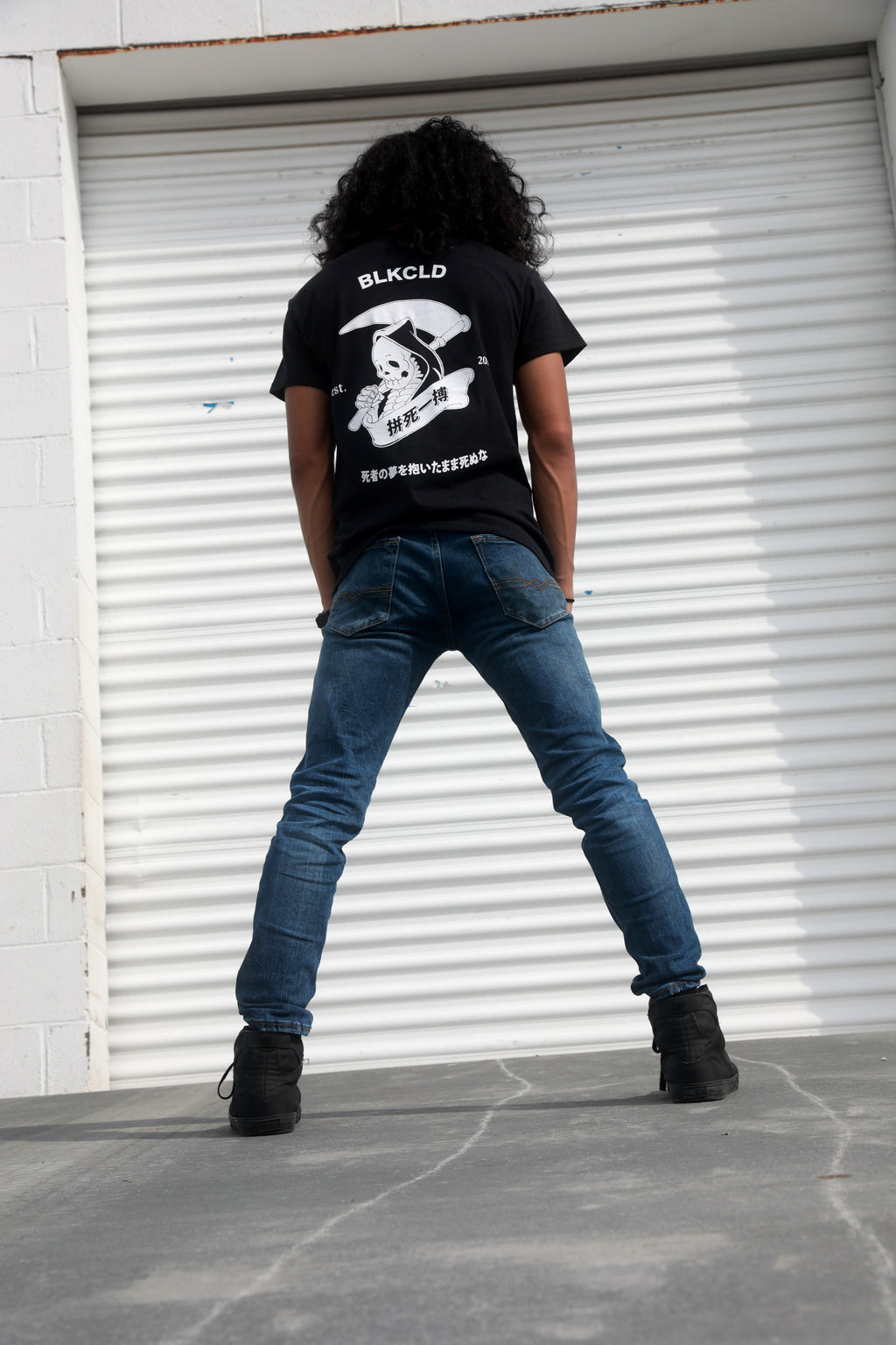 Black cotton T-shirt with Grim Reaper Do or Die design on back in white ink.