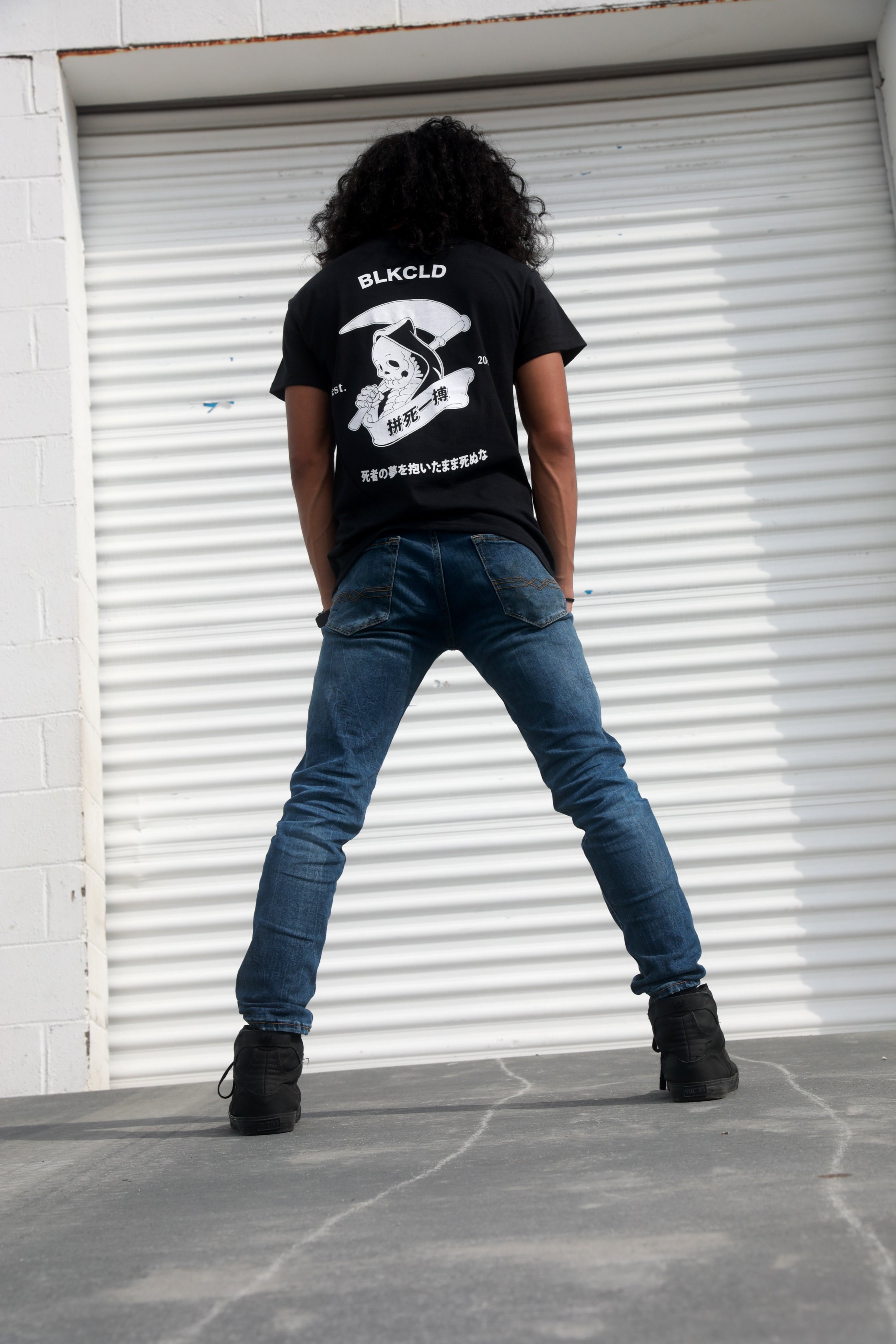 Black cotton T-shirt with Grim Reaper Do or Die design on back in white ink.