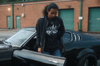 Black unisex cotton short-sleeved T-shirt with survivor design on front in white ink.