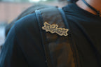 Fairlady Z graffiti letter gold acrylic lapel pin on backpack