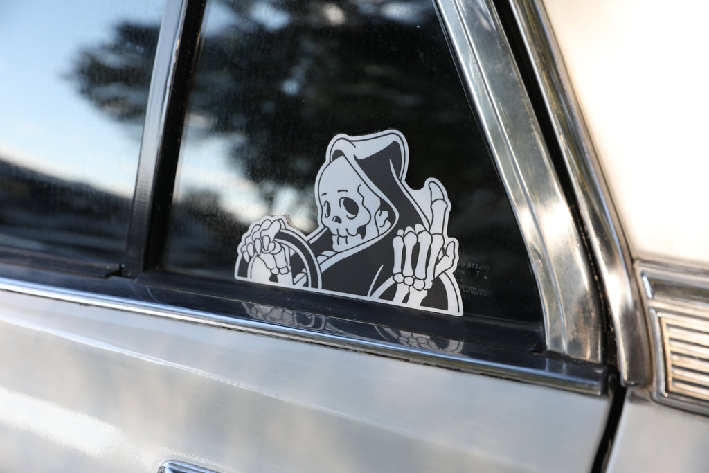 Black and white vinyl No Dead End “peeker” reaper sticker. 