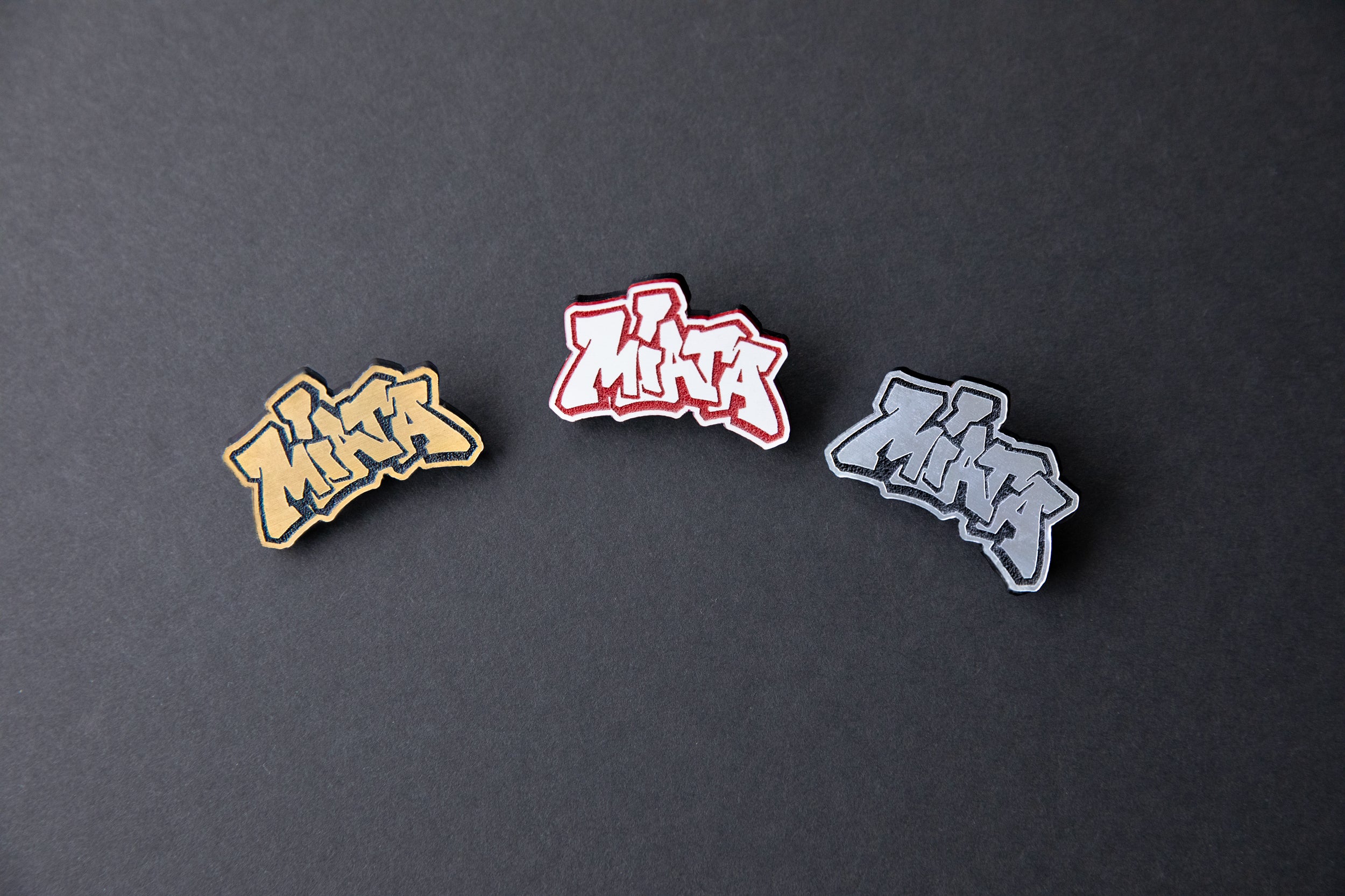 gold, red or silver Miata acrylic lapel pins