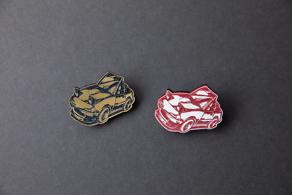gold and red chibi Miata car acrylic lapel pins