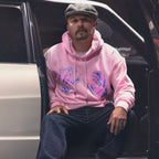 Unisex pink hoodie with promise (Yakusoko) design on front in holographic vinyl and black cloud Kuro Kumo Japanese Kanji characters on back.