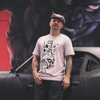 Orchid pink unisex cotton short-sleeved T-shirt with racer boy design on the front in white and black ink.