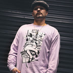 Lavender unisex cotton long-sleeved T-shirt with racer boy design on the front in white and black ink.