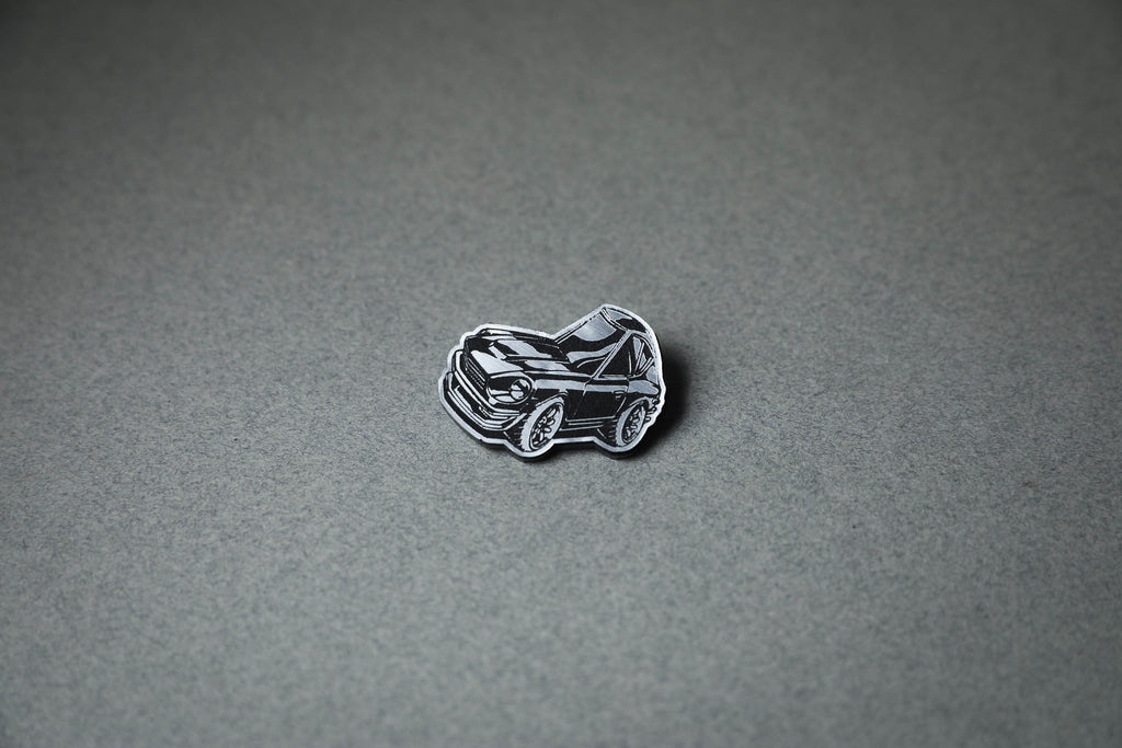 chibi 240Z car silver acrylic lapel pin