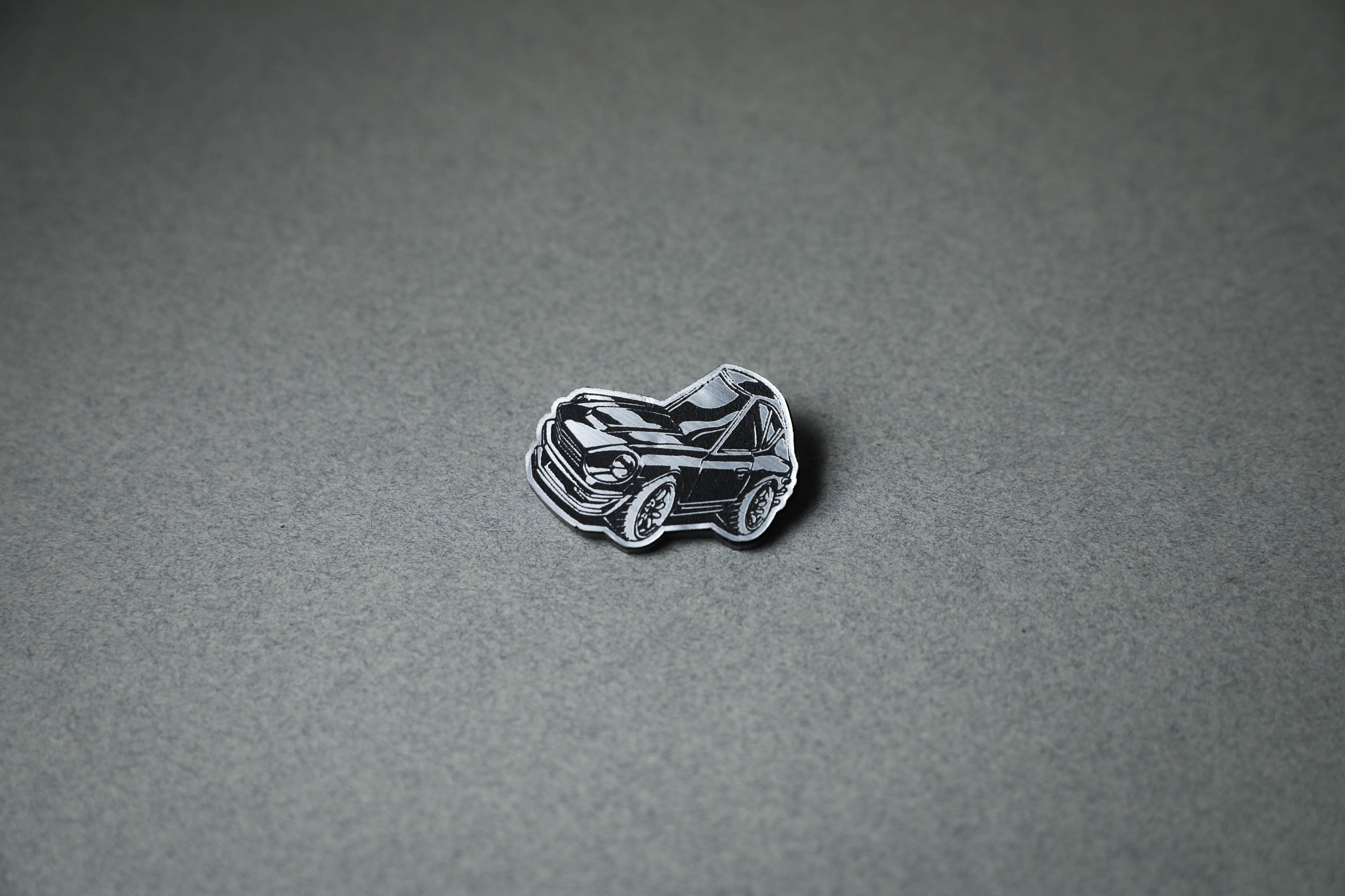 chibi 240Z car silver acrylic lapel pin