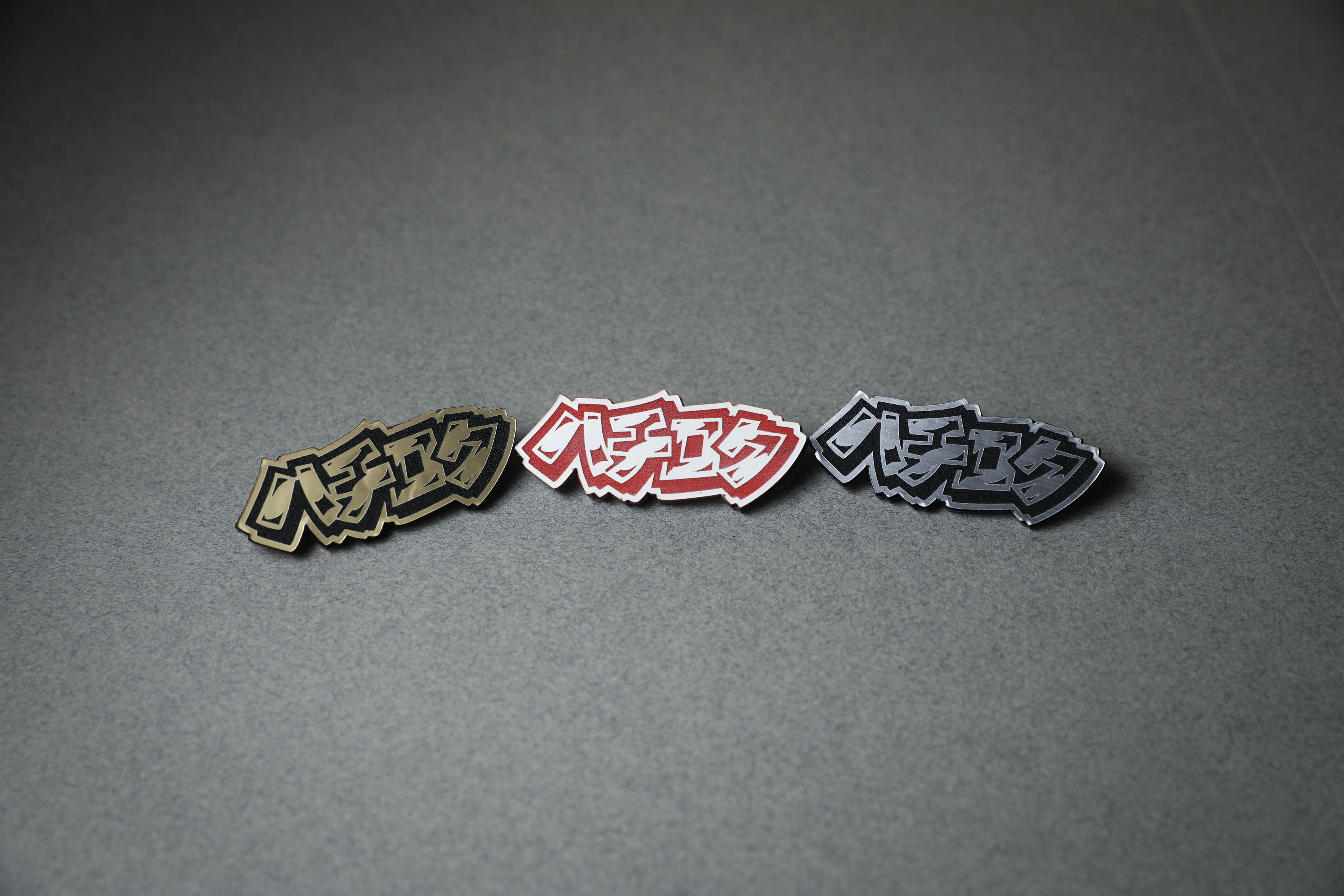 AE86 Japanese Katakana acrylic lapel pins in gold, red or silver