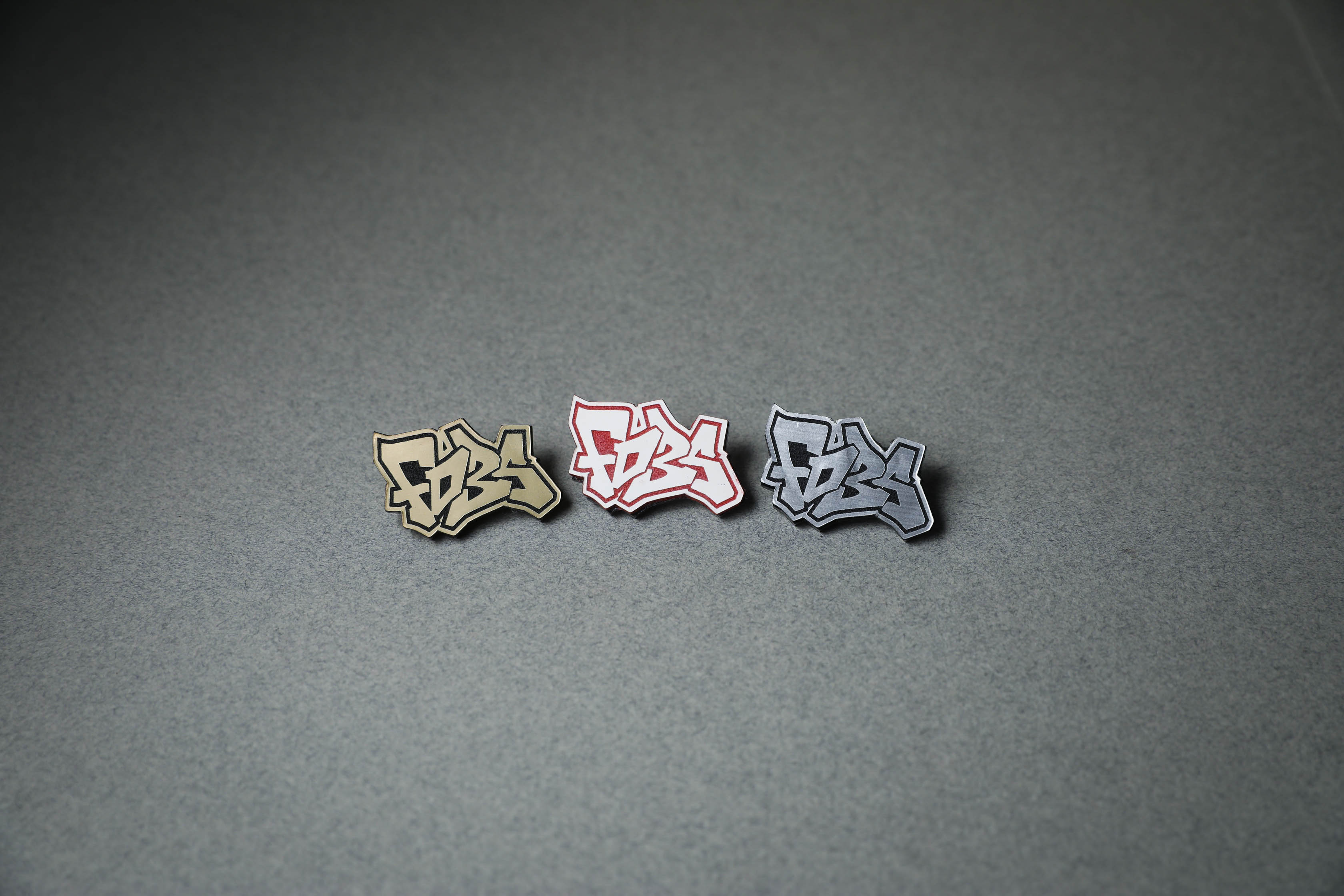 FD3S acrylic lapel pins in gold, red or silver