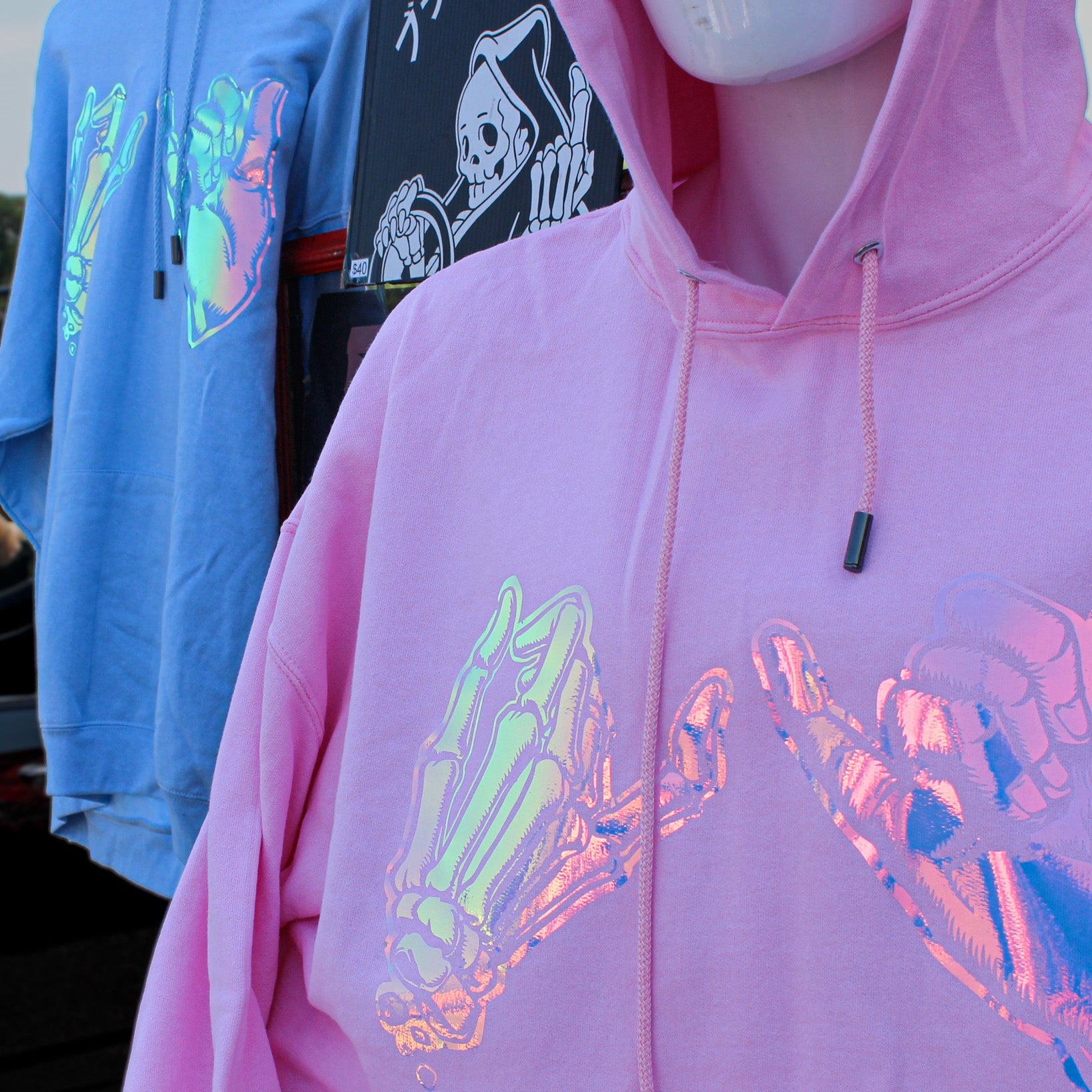 Unisex pink and blue hoodie with promise (Yakusoko) design on front in holographic vinyl and black cloud Kuro Kumo Japanese Kanji characters on back.