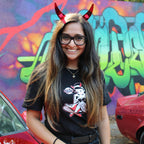 Black cotton unisex T-shirt with BLK CLD Vintage Malpractice design on front only in white and red ink and Black Cloud red devil horns